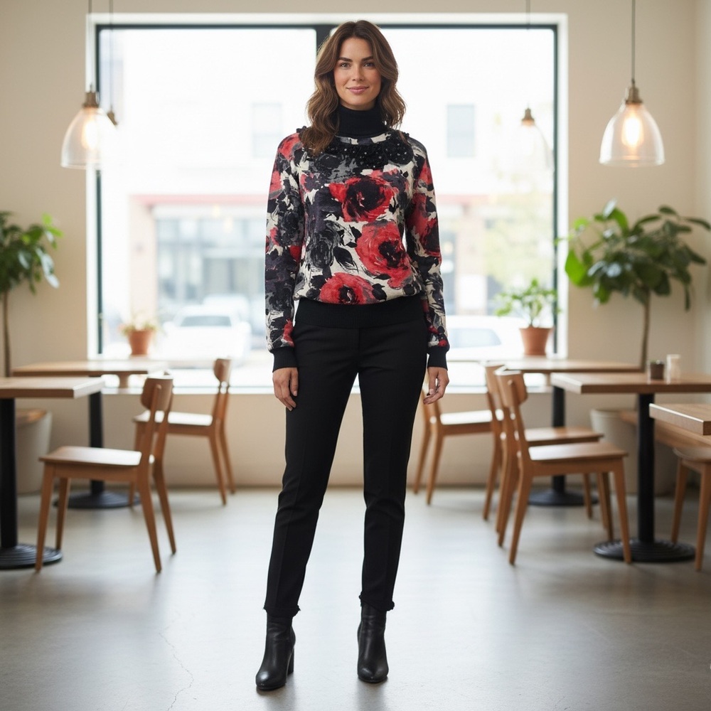 Vintage European Floral Embellished Sweater – Black & Red Roses – Size M
